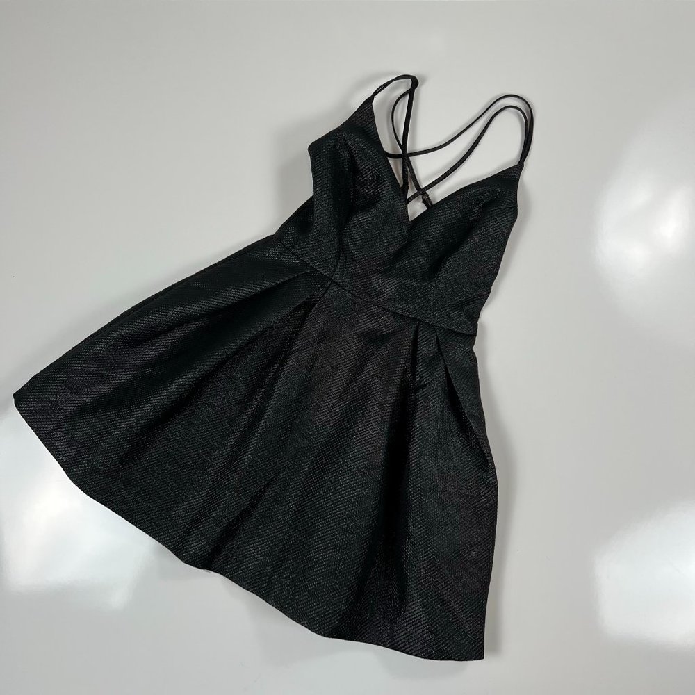 Lulus Cross Back Black Shiny Dress Party Flare Mini Strappy
